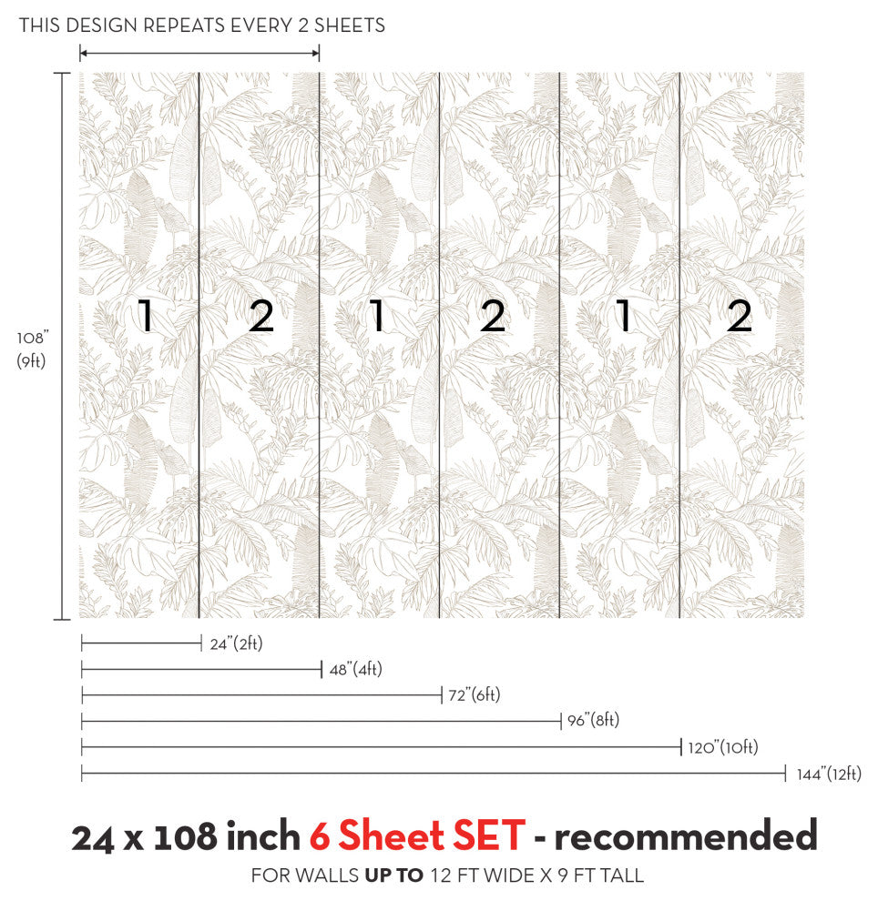 Hand Drawn Jungle Leaves Vinyl Peel and Stick Mural, Gray, 24"x108", 6 Pack
