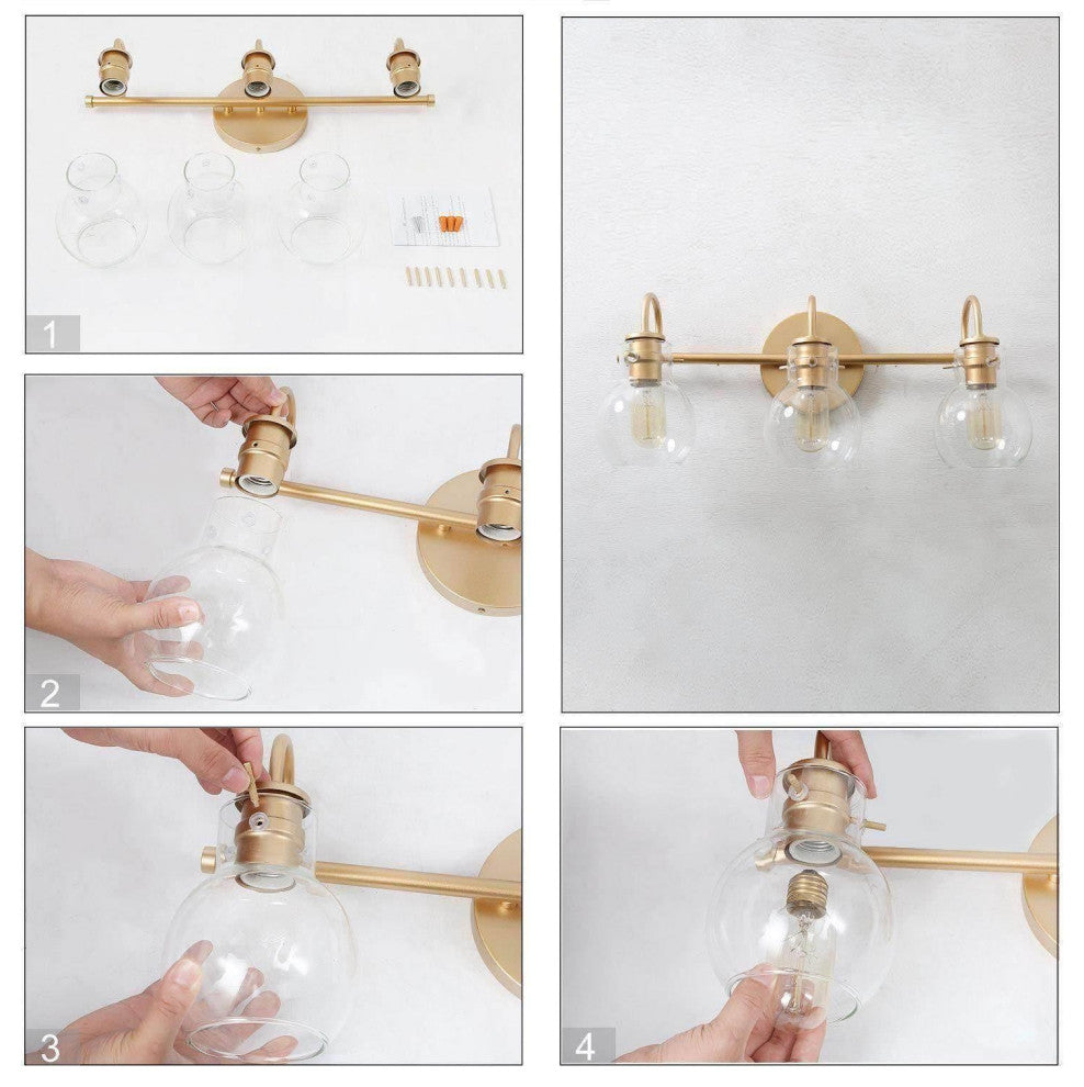 LNC 3-Light Matte Gold and Clear Glass Shade LED Modern Bathroom Vanity Light
