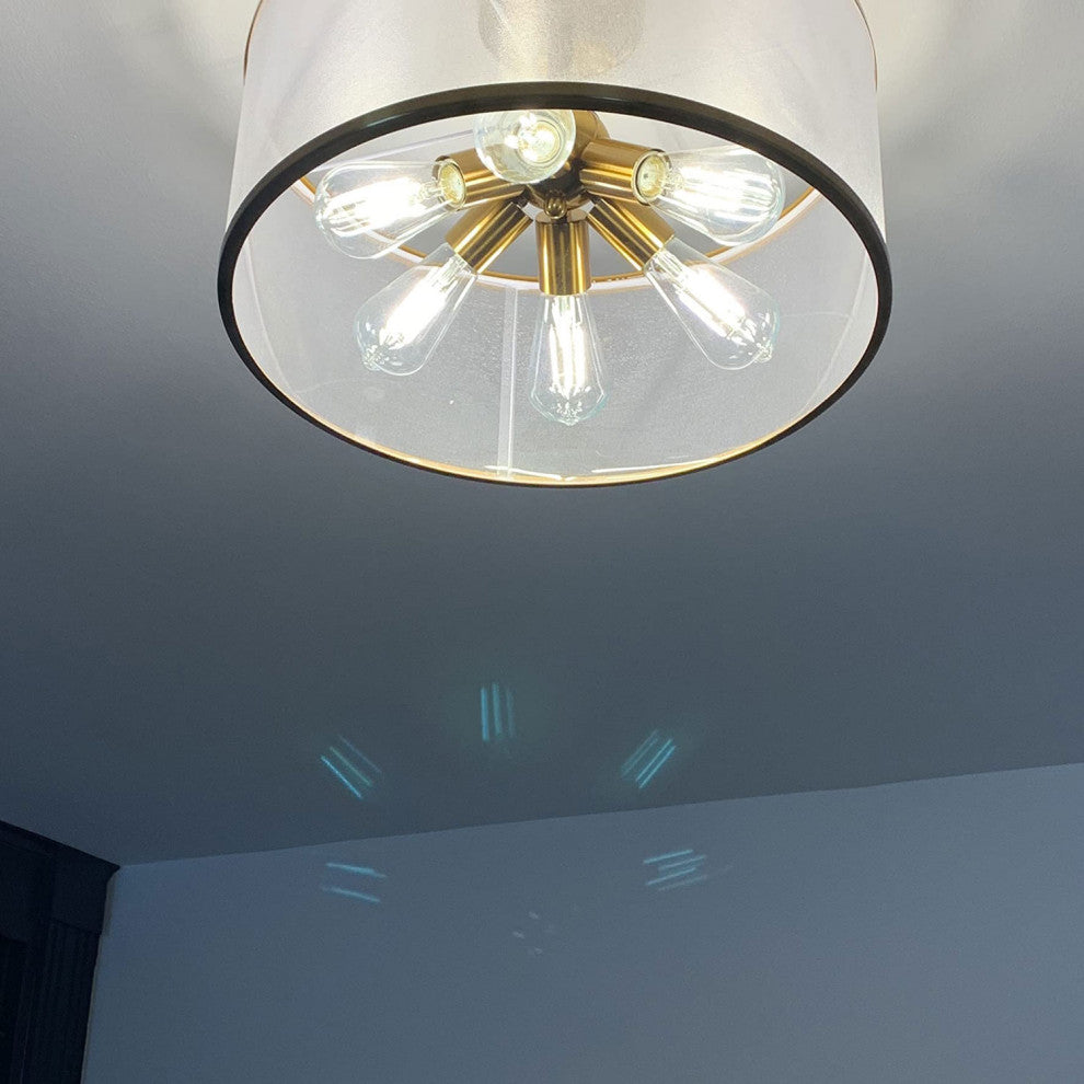 Modern Drum Organza Semi Flush Ceiling Light Gold 6-Light Chandelier