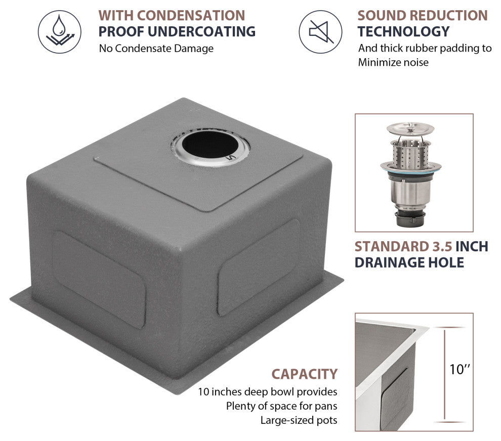 Undermount Single Bowl 16 Guage Stainless Steel Kitchen Sink With Accessories , Stainless Steel, 13x15x9 in