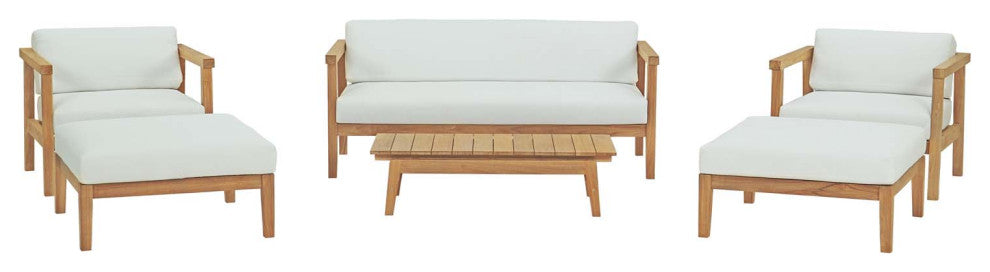 Sectional Sofa Chair Table Set, White Natural, Teak Wood, Modern, Outdoor Patio