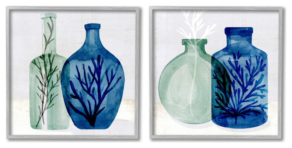 Nautical Vase Still Life Sea Coral and Botanicals,2pc, each 12 x 12