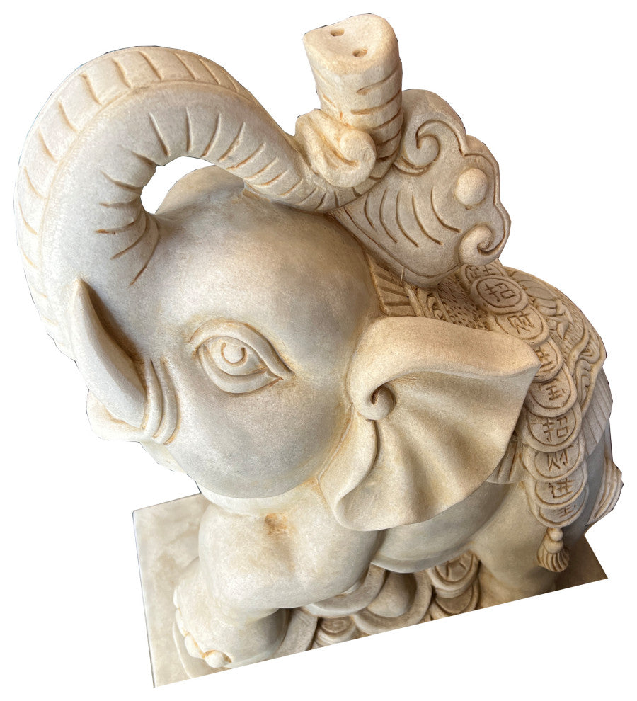 Chinese Pair White Marble Stone Fengshui Elephant Trunk Up Statues Hcs7637