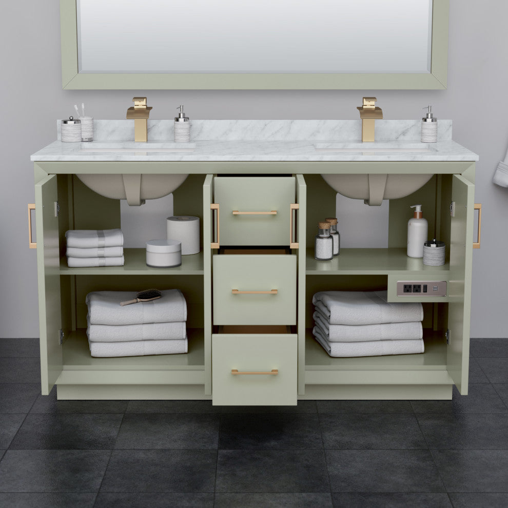 Strada 60" Light Green Double Vanity, Cultured Top, Nickel Trim
