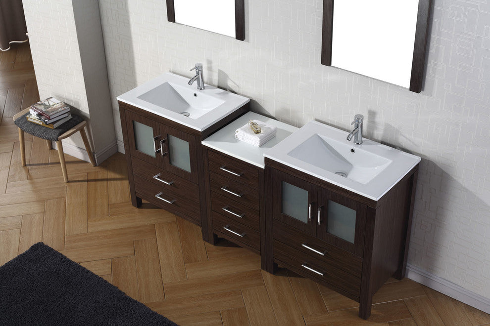 Virtu Dior 74" Double Bathroom Vanity, Espresso, Faucet and Mirrors