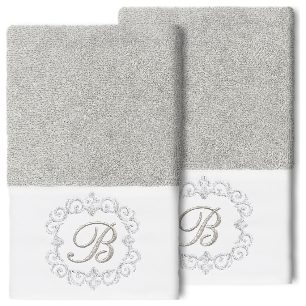 Linum Home Turkish Cotton Monica 2-Piece Embellished Hand Towel Set, Light Gray
