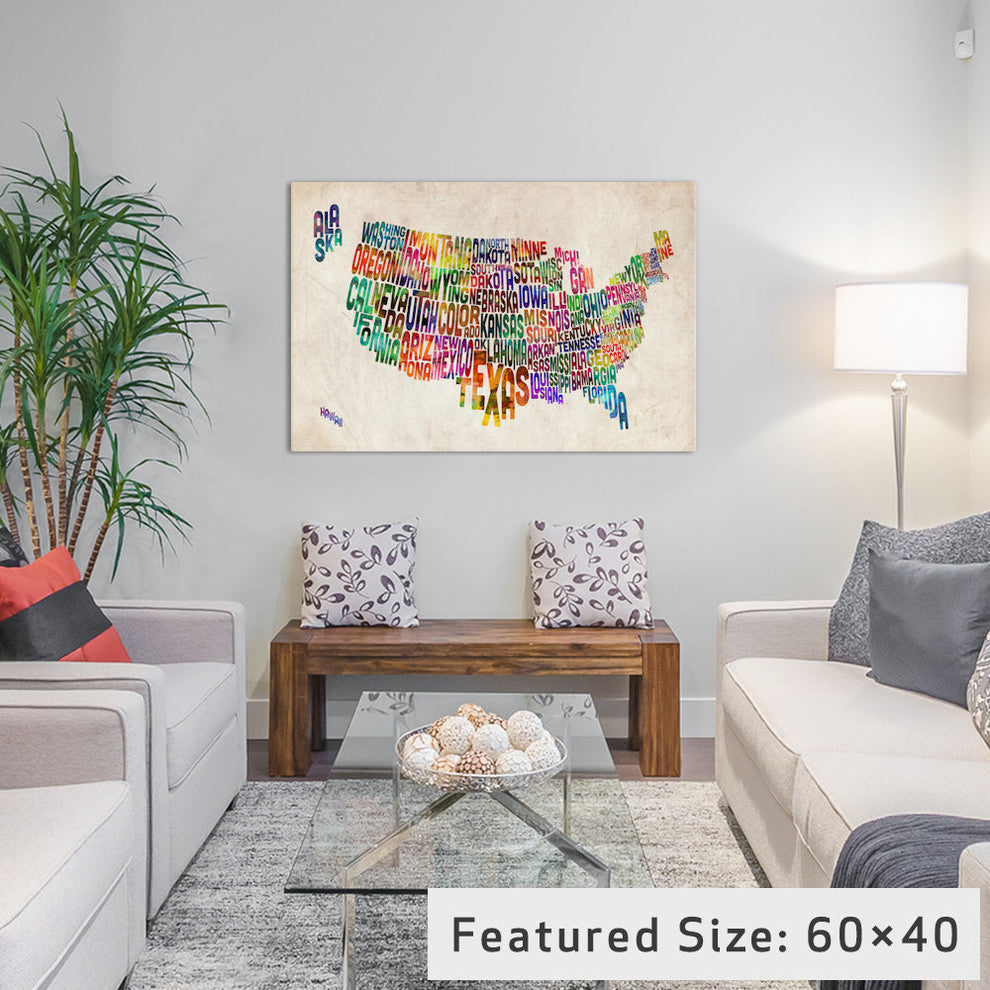 "Typographic Text USA (States) Map" by Michael Tompsett, 40x26x1.5"