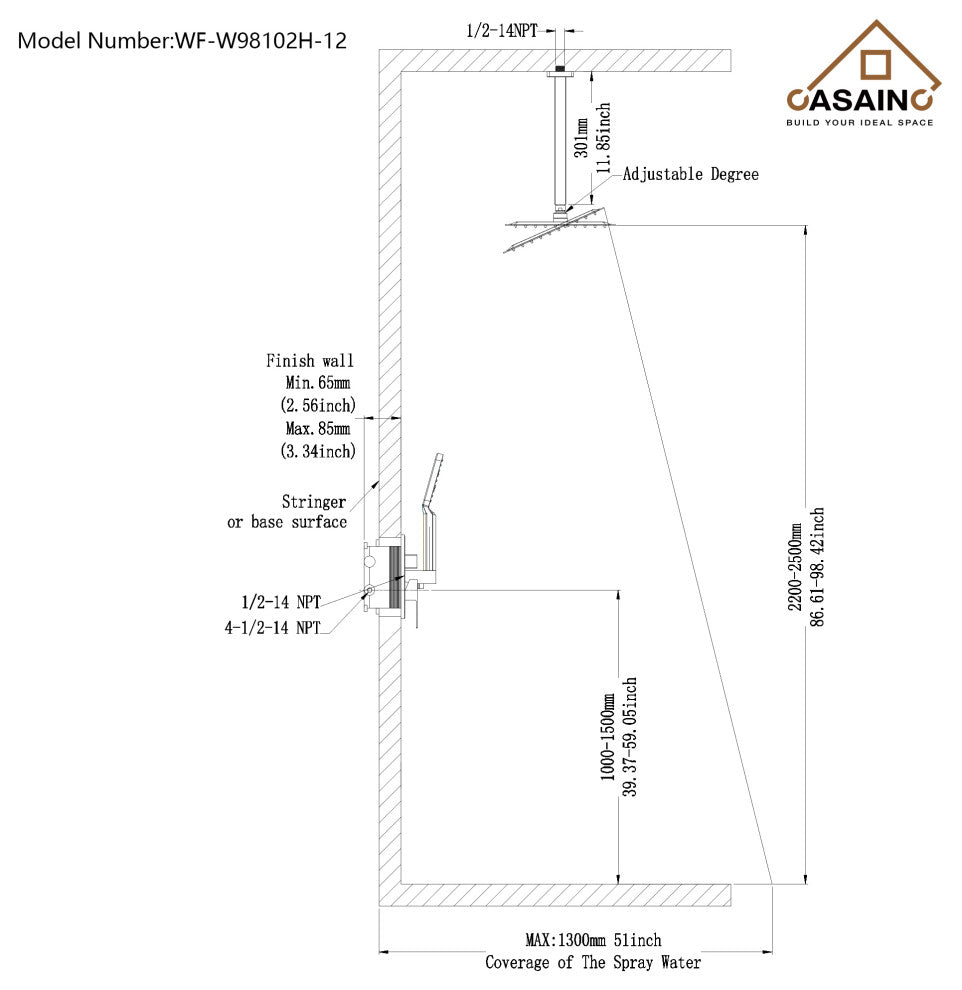 CASAINC 12" Ceiling Mounted Modern Waterfall Shower System Set, Matte Black
