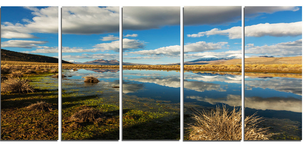 Clouds Reflecting in Mountain Lake, Landscape Canvas Art, 60"x28", 5 Panels