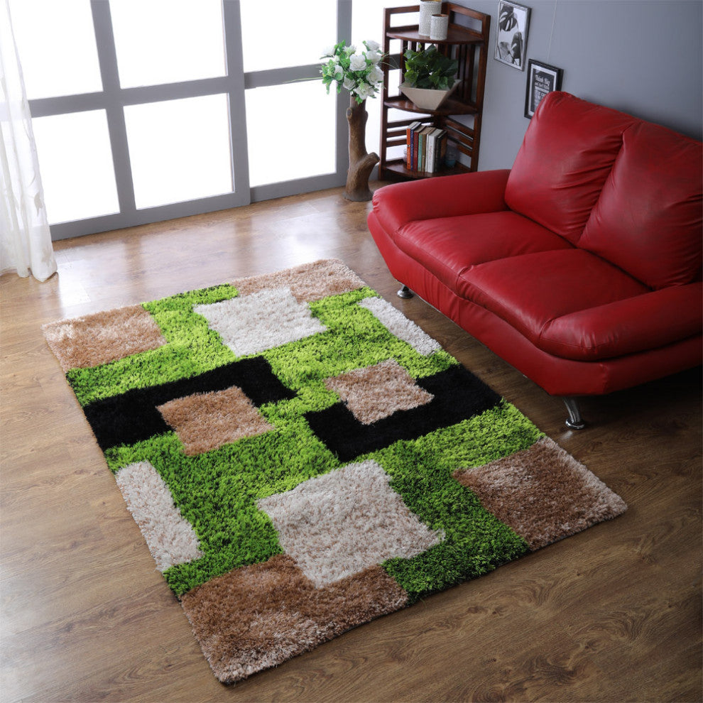 Hand Tufted Shag Polyester Area Rug Geometric Green Beige, [Rectangle] 10'x14'