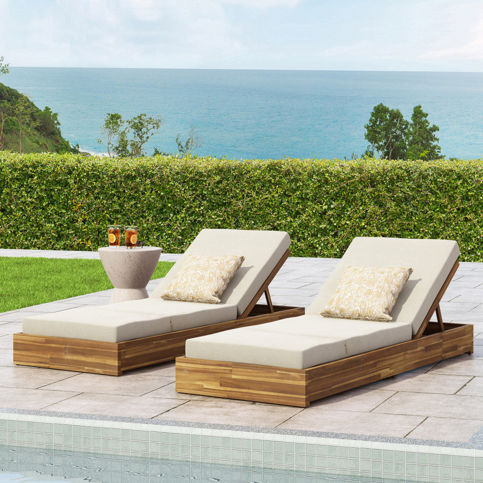 GDF Studio Acacia Wood Chaise Lounge & Foldable Cushion Set, Sandblast Teak/Cream, Set of 2