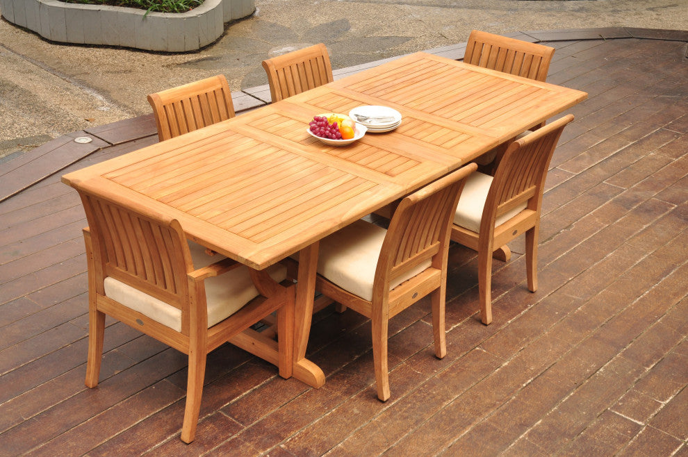 7-Piece Outdoor Teak Dining: 94" Masc Rectangle Extension Table, 6 Lagos Chairs