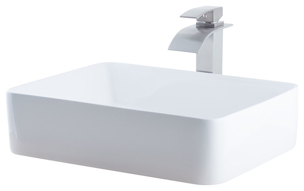 Porcelain Vessel Sink, Faucet  and Drain Combo Set, Brushed Nickel