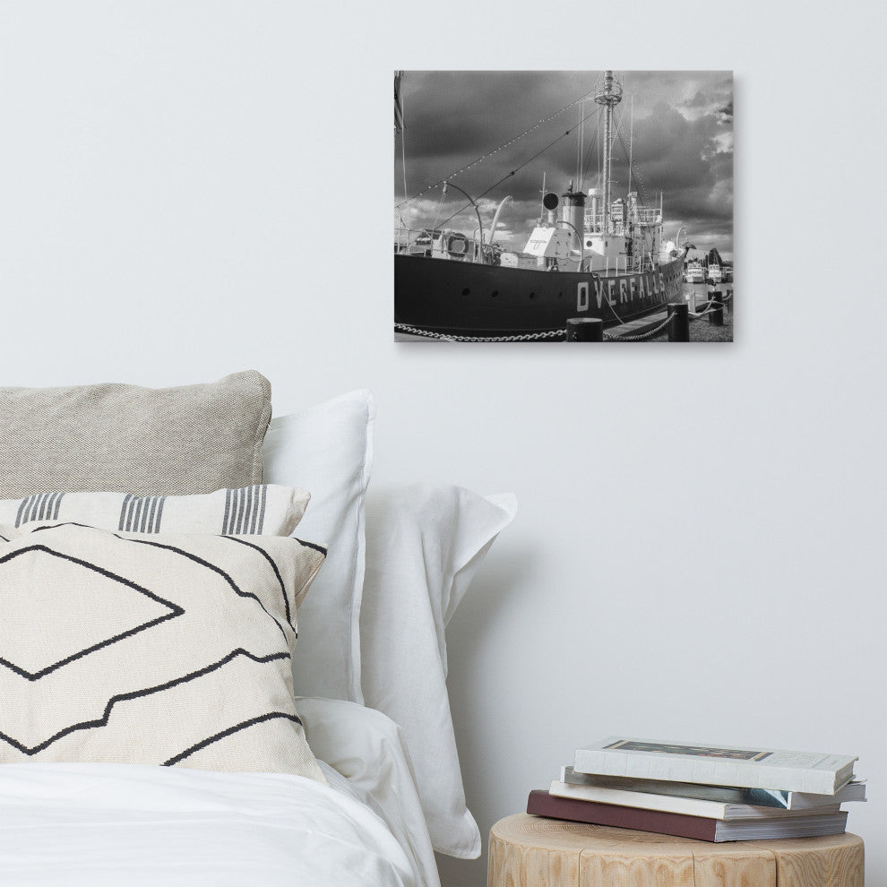 Overfalls Lightship Black & White Photo Canvas Wall Art Print, 16" X 20"