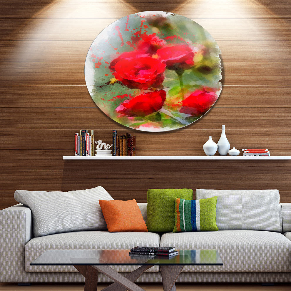 Red Roses On Green Watercolor, Flower Round Wall Art, 36"