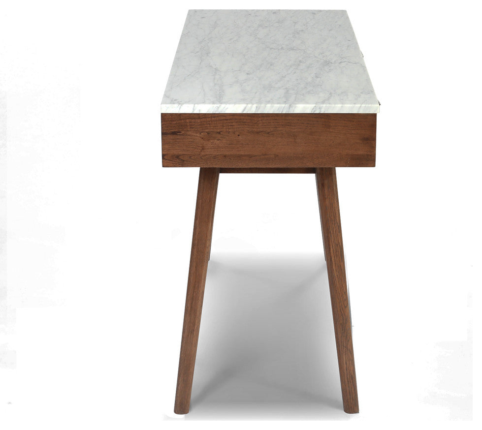 Viola 44" Rectangular Italian Carrara White Marble Writing Desk, Walnut, 15"