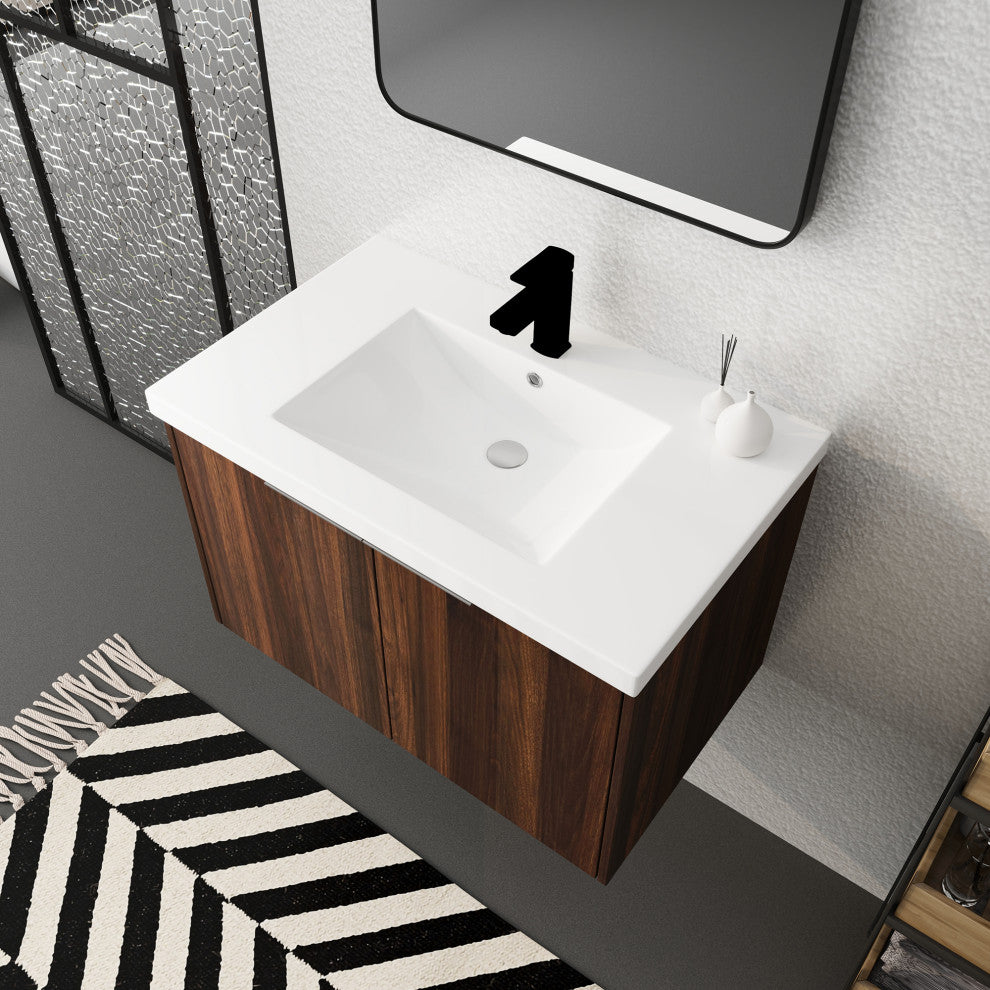 Wood Wall-Mounted Bathroom Vanity Set with Integrated Culture Marble Sink, 30 In