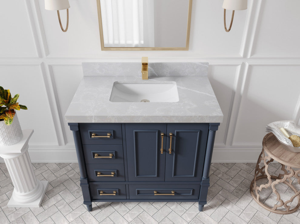 Aberdeen 36 Center Sink Bath Vanity in Hale Navy Blue  2" Pearl Gray