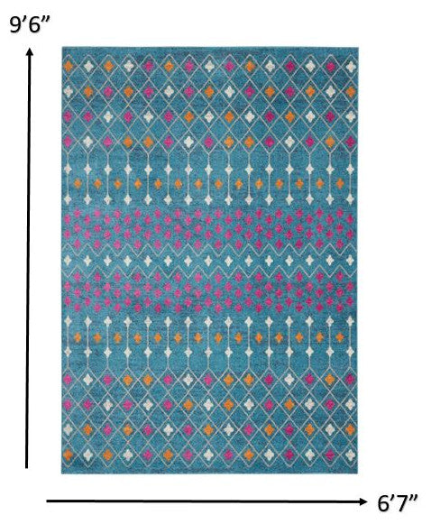 7' X 10' Blue And Orange Geometric Dhurrie Area Rug