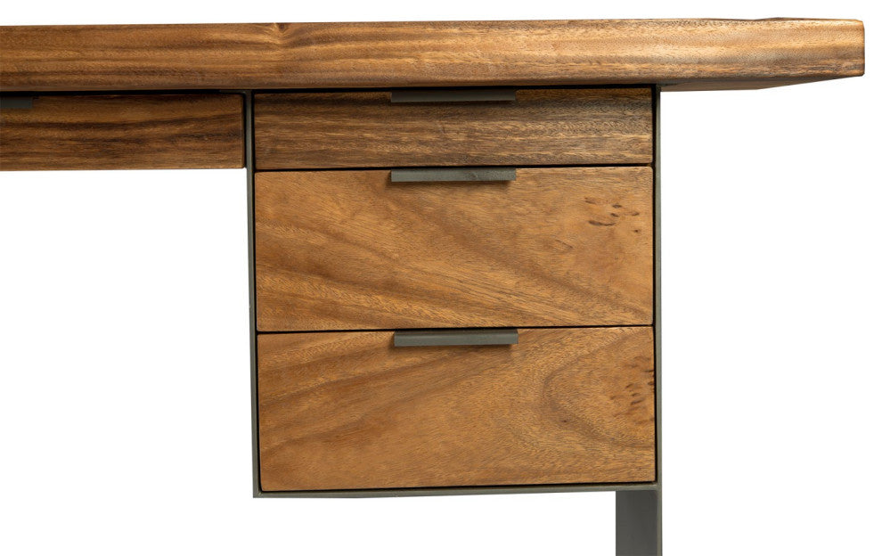 Iron Frame Standing Desk With Drawers, Chamcha Wood, Natural, Bar Height