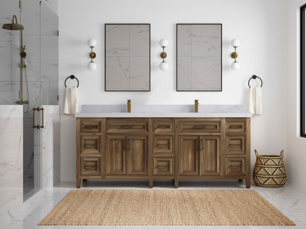 Santa Monica 84 Double Sink Bath Vanity in Graywashed Teak 2" Calacatta Nuvo