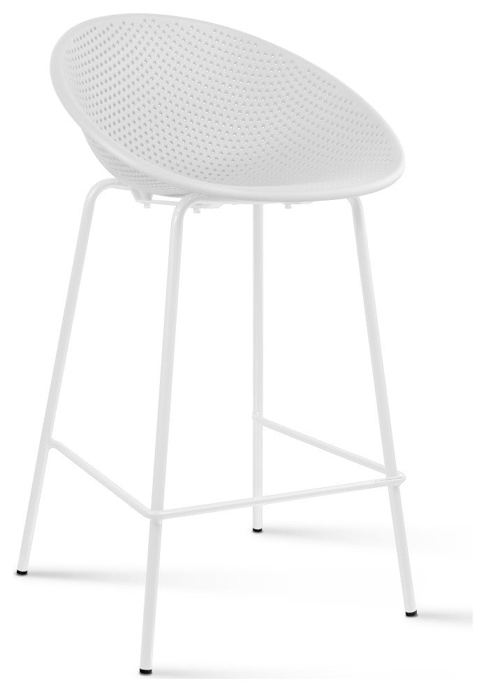 Set of 2 Modern Counter Stools with Perforated Low Back and Metal Frame, 25.5", White