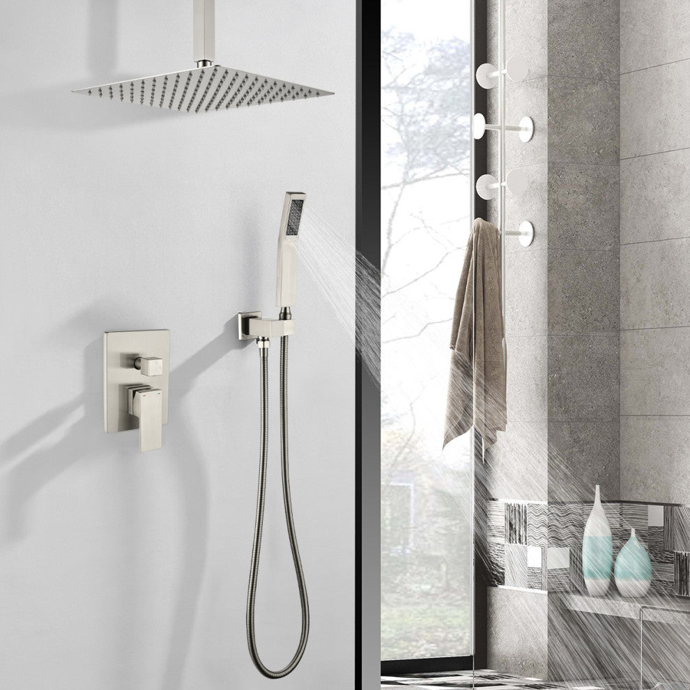Wellfor Shower Faucet, 12" Ceiling Rain Shower Head With Handheld Combo Set, Brushed Nickel