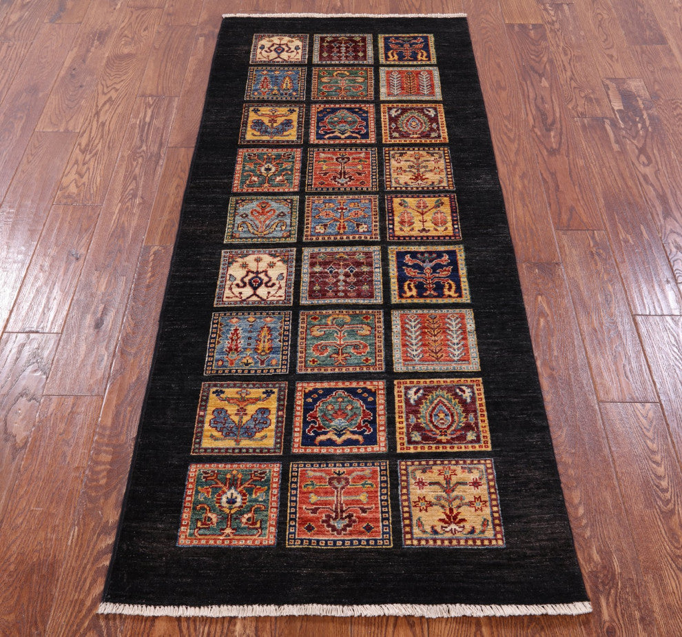 2' 8" X 6' 7" Handmade Black Persian Garden Design Wool Runner Rug Q10685