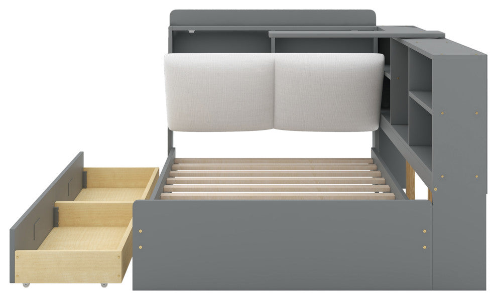 Gewnee Wood Twin Size platform bed with Storage Headboard