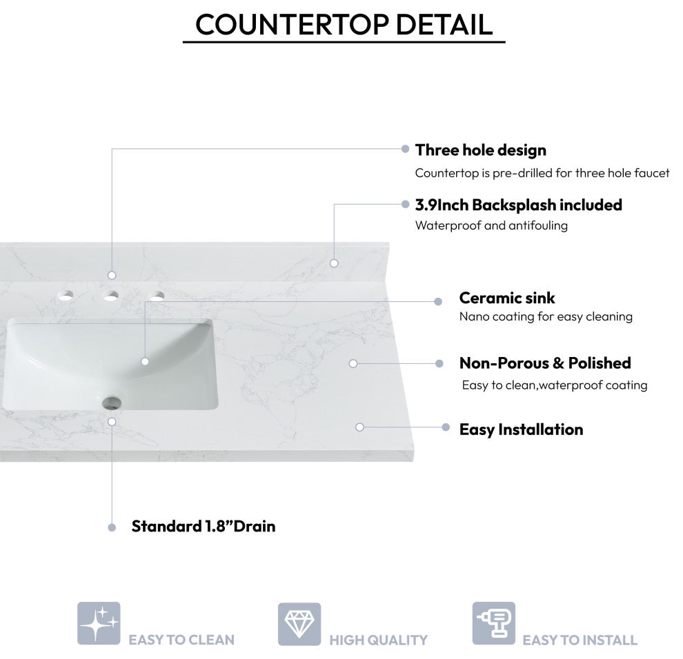 Jaen Composite Stone Vanity Top With Ceramic Sink, Grain White, 49"