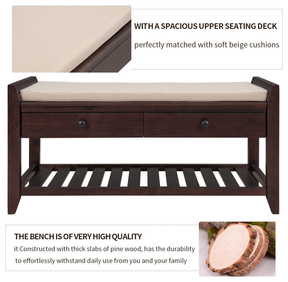 TATEUS 39" Entryway Storage Bench With Shoe Rack and Cushioned Seat, Espresso