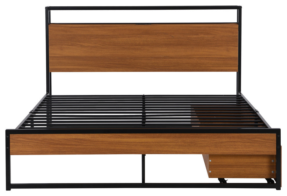 Full/Queen Metal Frame Wood Platform Bed with Two Drawers,Sockets and USB Ports,