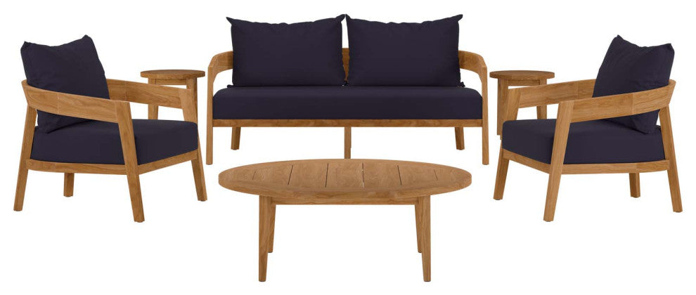 Sectional Sofa Chair Table Set, Blue Navy Natural, Teak Wood, Outdoor Patio
