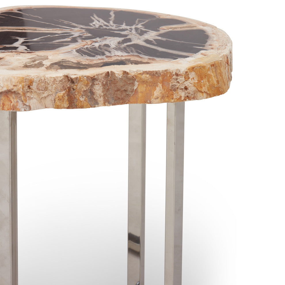 Relique Eliza End Table, Polished Stainless Steel Base, Natural Dark Top