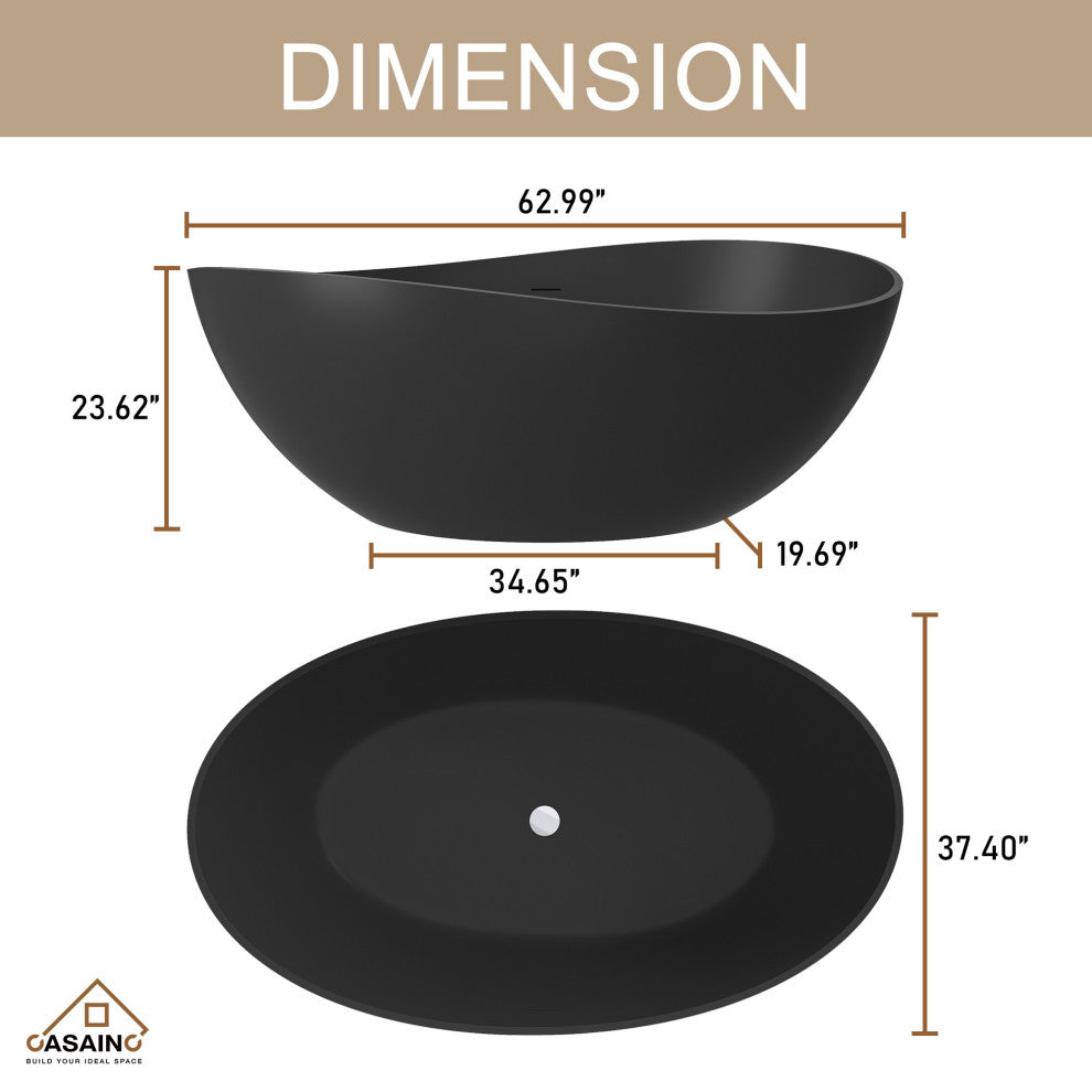 63in Solid Surface Freestanding Bathtub in Matte White, Matte Black