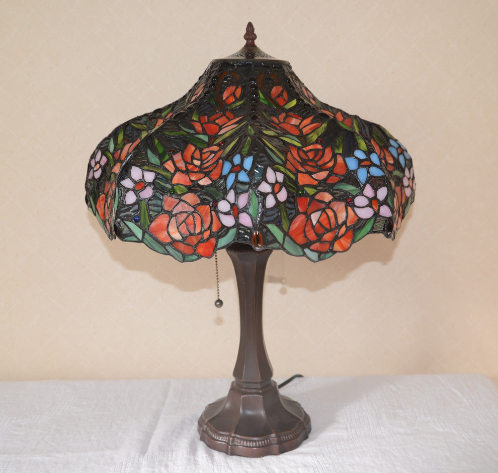 18"W Rose Flower Jeweled Stained Glass Handcrafted Table Desk Lamp, Zinc Base