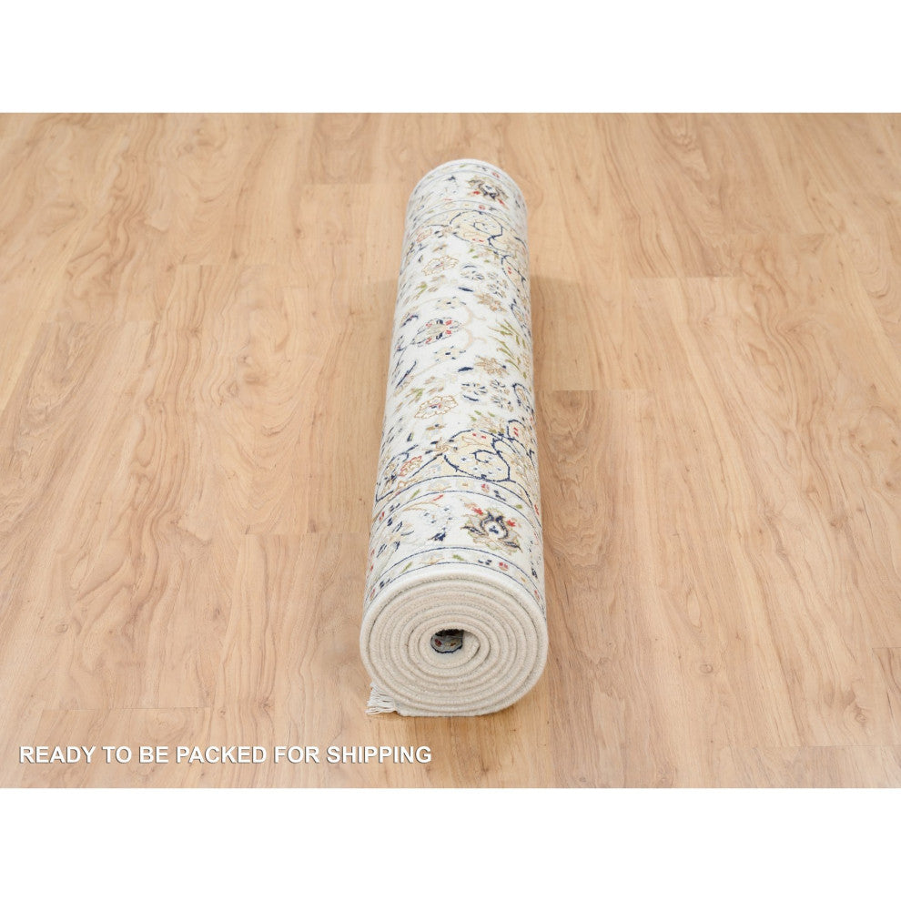 Ivory, Nain, 250 KPSI Wool and Silk Hand Knotted Wide Runner Rug, 4'2" x 10'1"