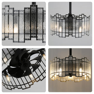 20" Modern Matte Black Ceiling Fan w Metal Frame Glass Shade