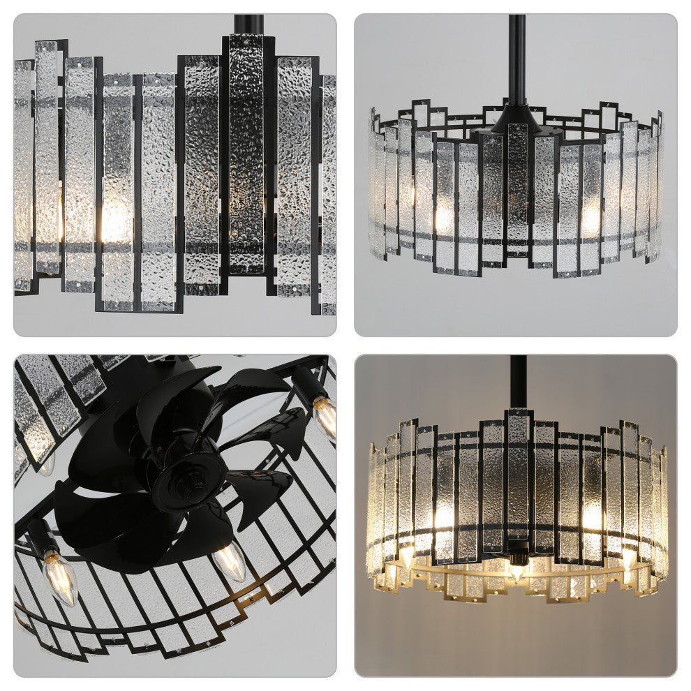 20" Modern Matte Black Ceiling Fan w Metal Frame Glass Shade