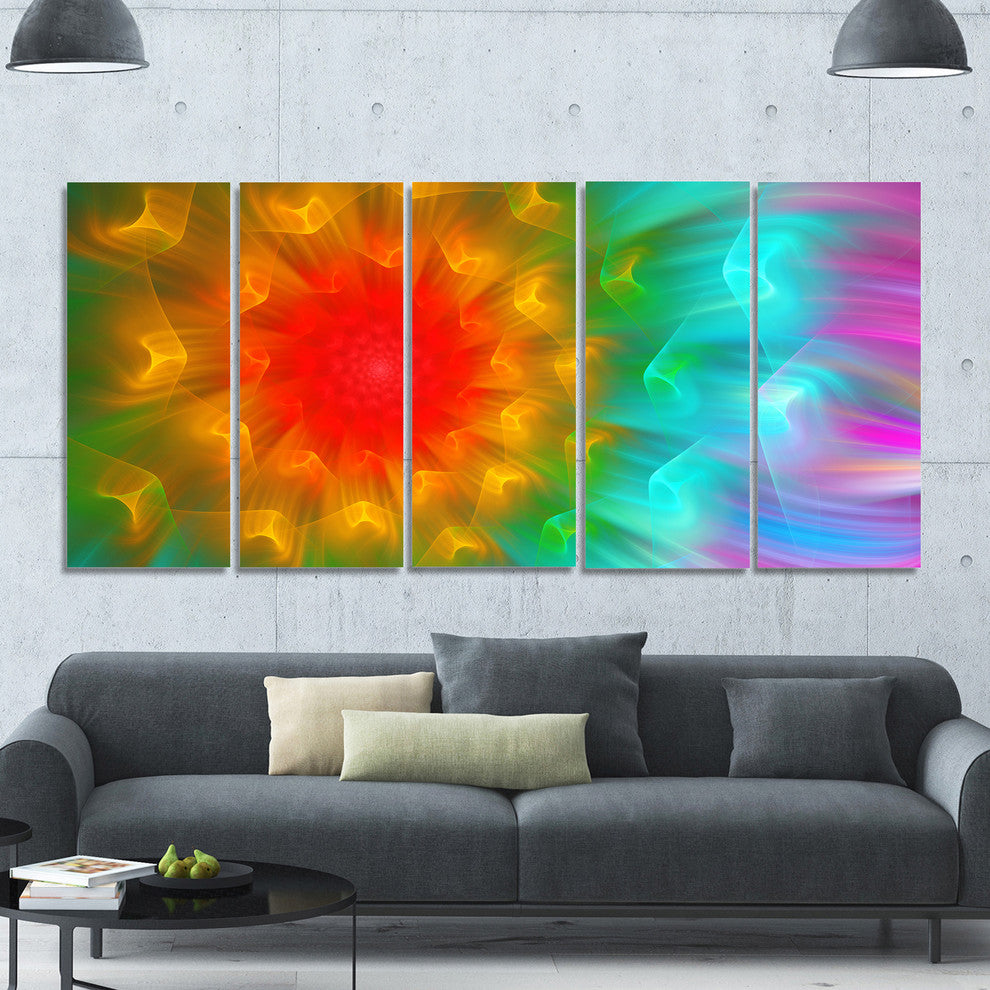 Large Red Alien Fractal Flower, Floral Canvas Art Print, 60"x28", 5 Panels