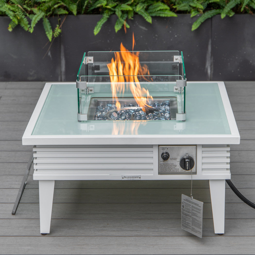 Leisuremod Walbrooke Patio Square Fire Pit Table With Aluminum Slats Frame, White