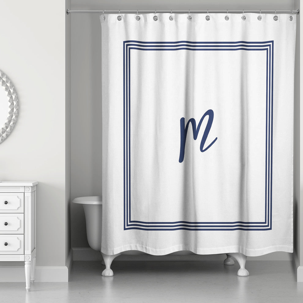 Navy and White Monogrammed Shower Curtain, M