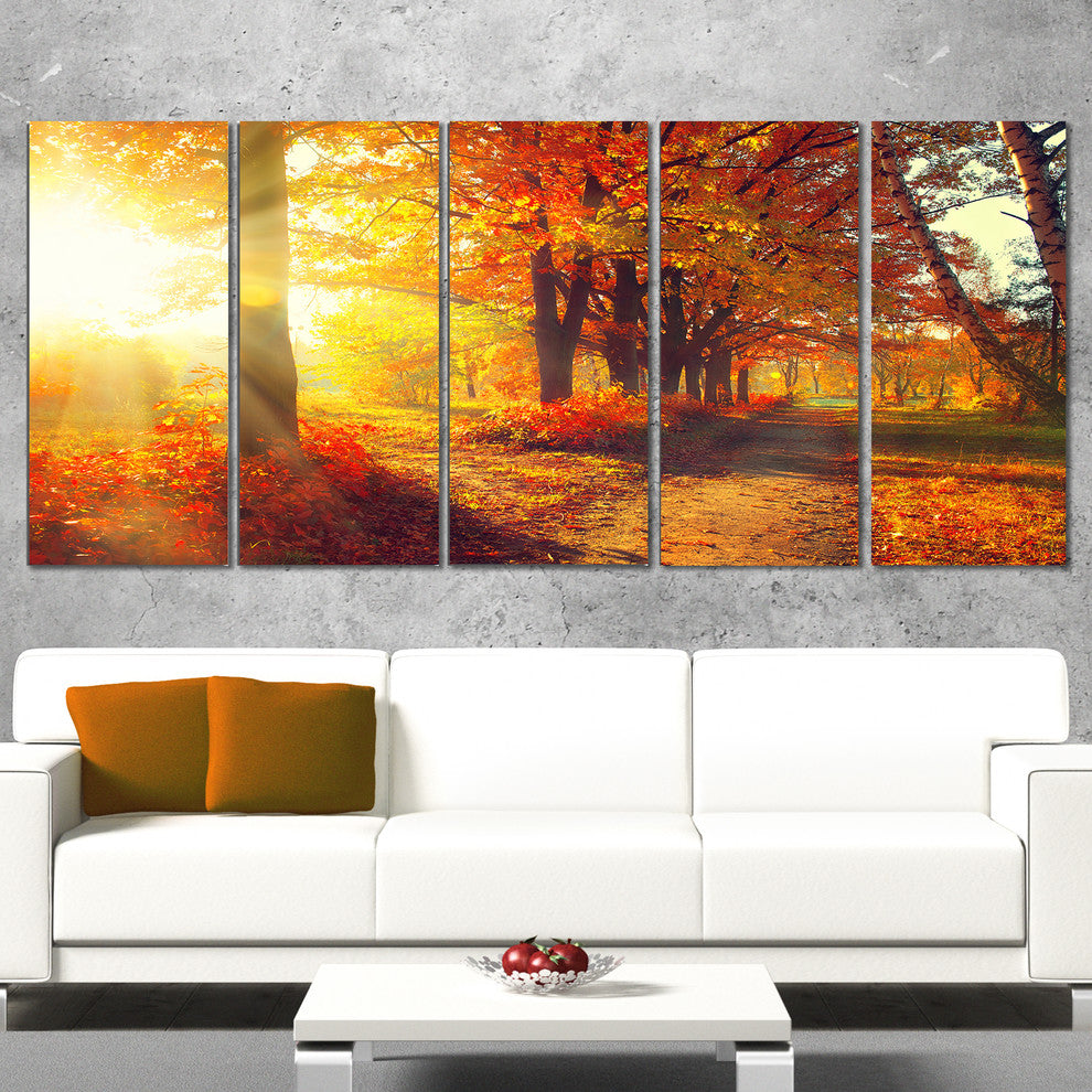 Autumnal Trees in Sunrays, Large Landscape Canvas Art Print, 60"x28", 5 Panels