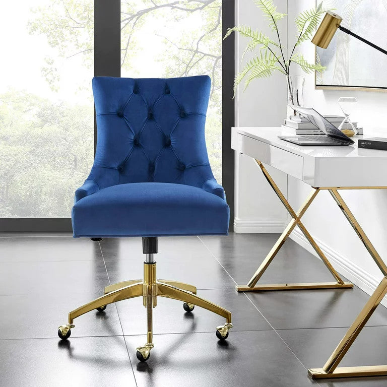 Vintage Office Chair, Golden Base With Velvet Seat & Hourglass Back, Navy