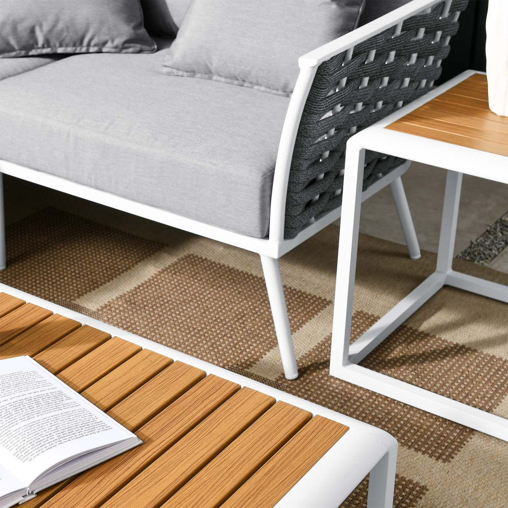Sectional Sofa Table Set, White Gray, Aluminum, Modern, Outdoor Patio