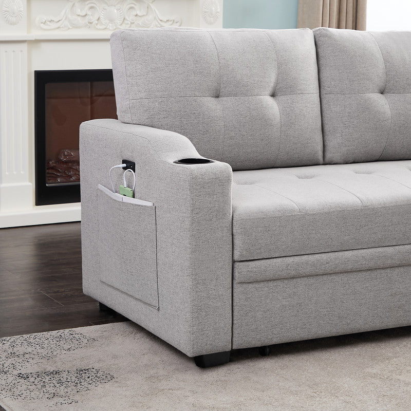 Mabel Fabric Sleeper Sectional With Cupholder, USB and Pocket, Light Gray, Linen