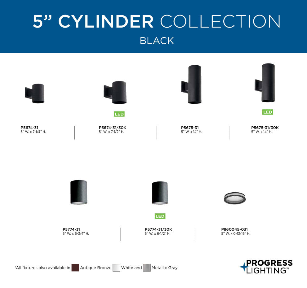 Progress Lighting 1-Light Wall Lantern Metal Cylinder, Black