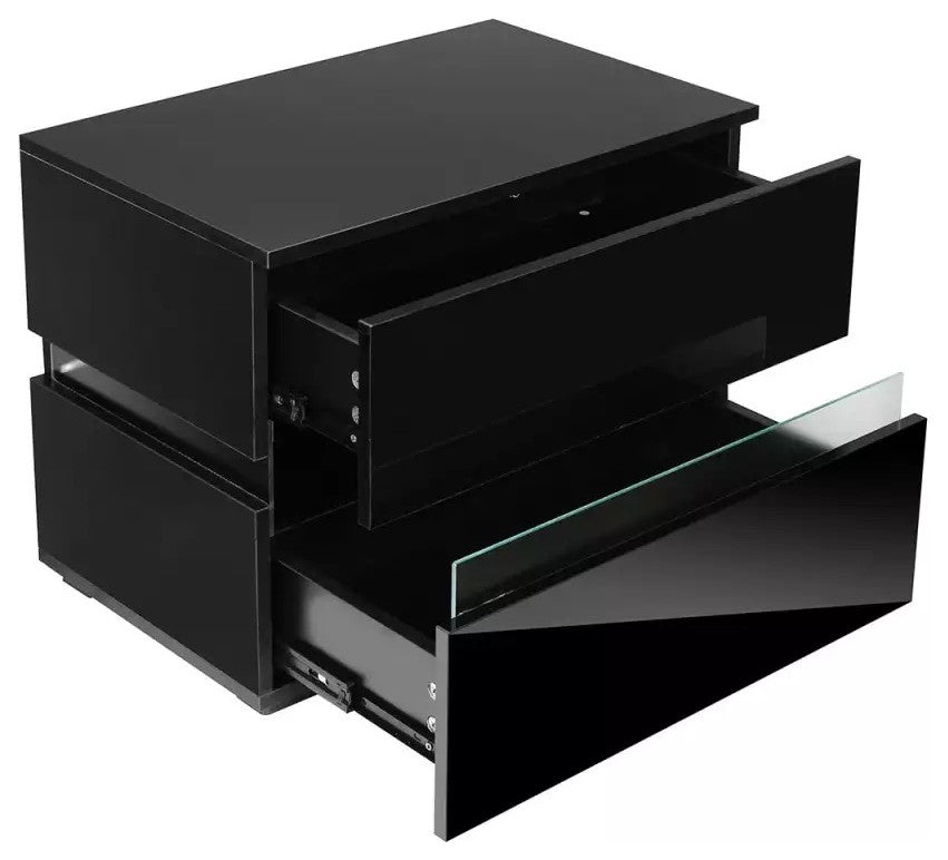 Modern LED Light Nightstand w/2 Drawers with 20 Colors, Black