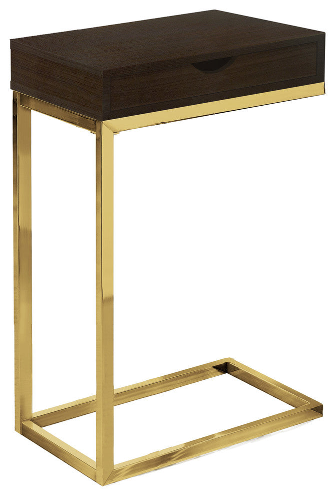 Accent Table, C-Shaped, Storage Drawer, Metal, Laminate, Brown, Gold