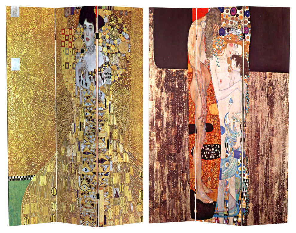 6' Double Sided Works of Klimt Room Divider, Block Bauer/Three Ages of Woman